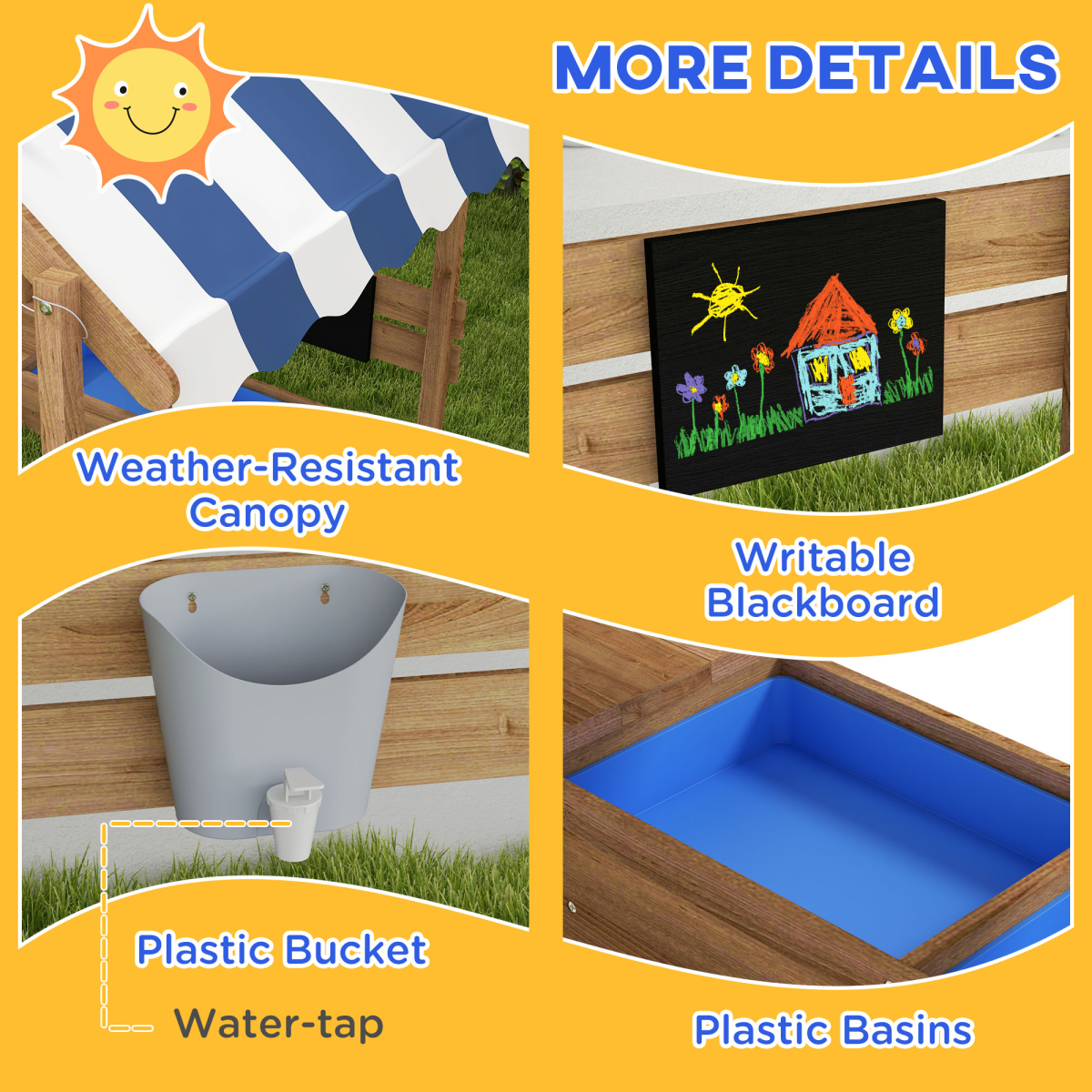 Outsunny Kids Wooden Sand Pit with Canopy, Blackboard, Sink, Seats and Toys