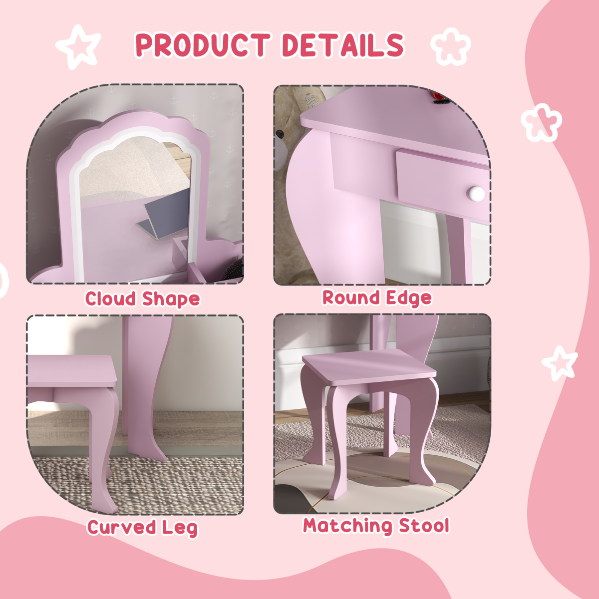 ZONEKIZ Kids Dressing Table Set with Mirror, Stool, Drawer Storage