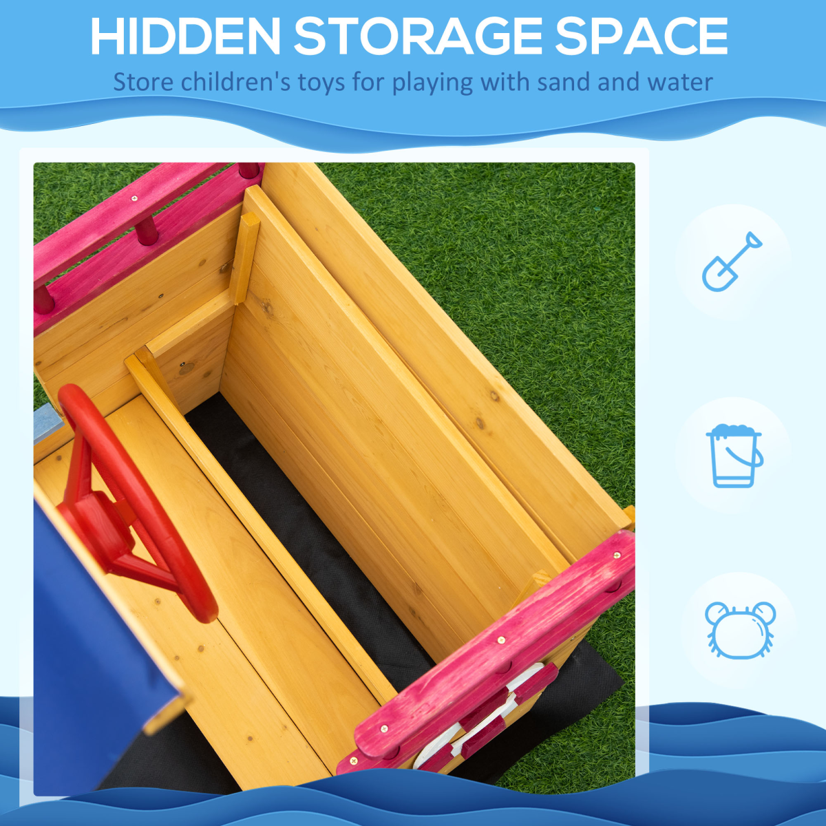 Kids Wooden Pirate Sandboat Sandbox with Canopy Shade and Storage