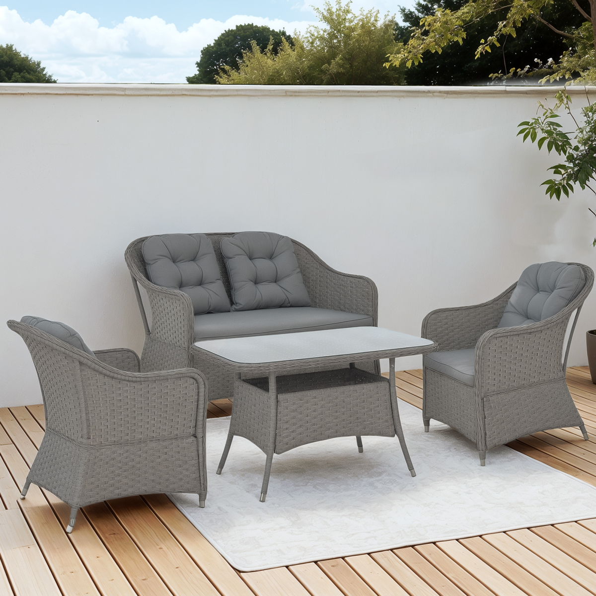 Outsunny 4 Piece Rattan Garden Furniture Set with Padded Cushions, Loveseat, 2 Armchairs and Coffee Table
