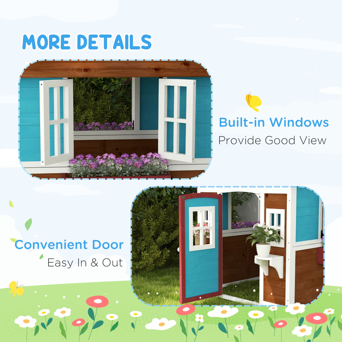 Outsunny Wooden Kids Playhouse with Doors, Windows & Plant Pots