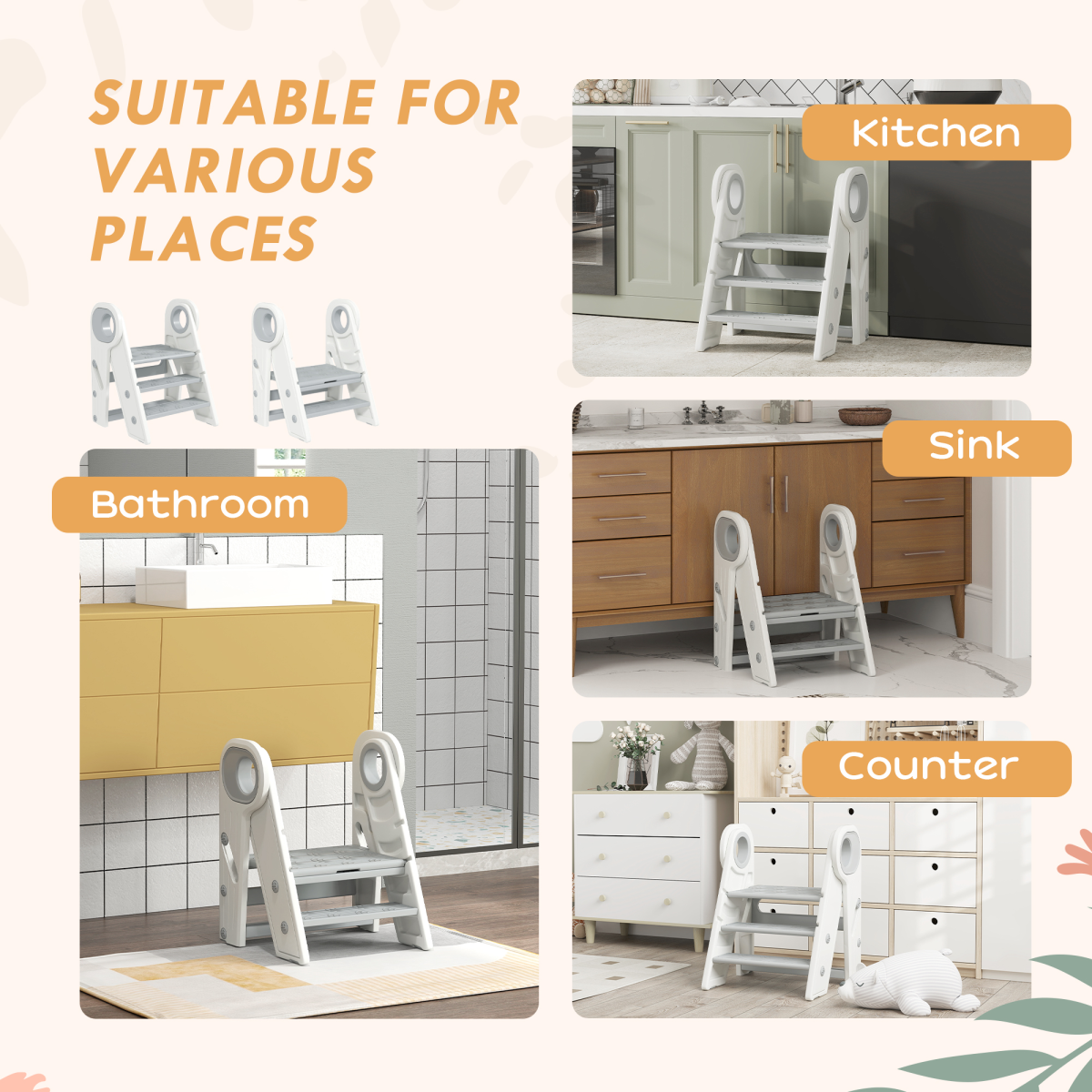 AIYAPLAY Foldable Adjustable Toddler Tower with Handle, Non-Slip, Grey