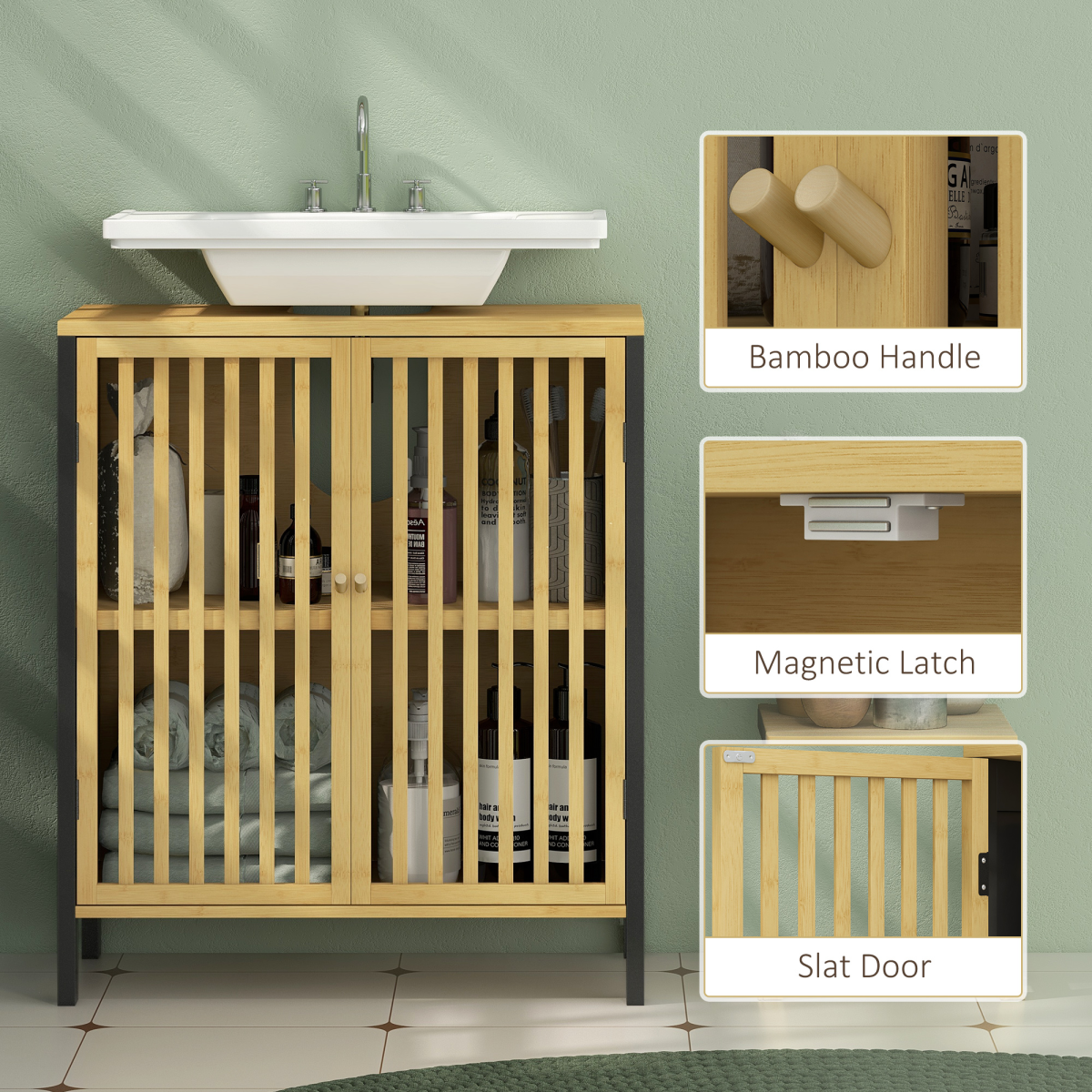 HOMCOM Bamboo Under Sink Bathroom Cabinet with Slat Doors