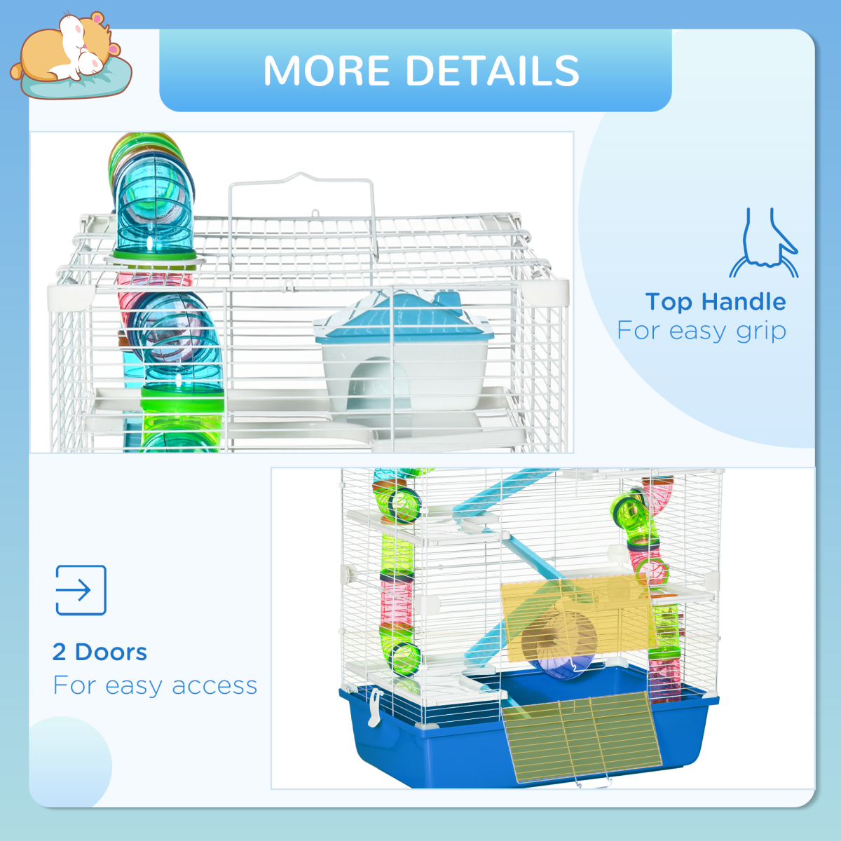 PawHut Five-Level Hamster Cage with Tubes, Water Bottle, Exercise Wheel, Ramps, Hut and Food Dish, Blue