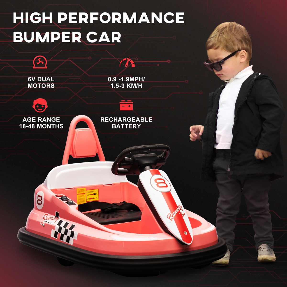 HOMCOM 6V Kids Bumper Car, 360° Spinning Ride-On, 2 Speeds, Pink