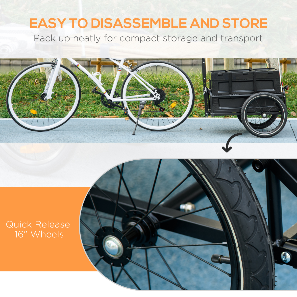 HOMCOM Bicycle Trailer with 65L Foldable Storage Box, Pneumatic Tyres and Quick-Release Wheels, Black