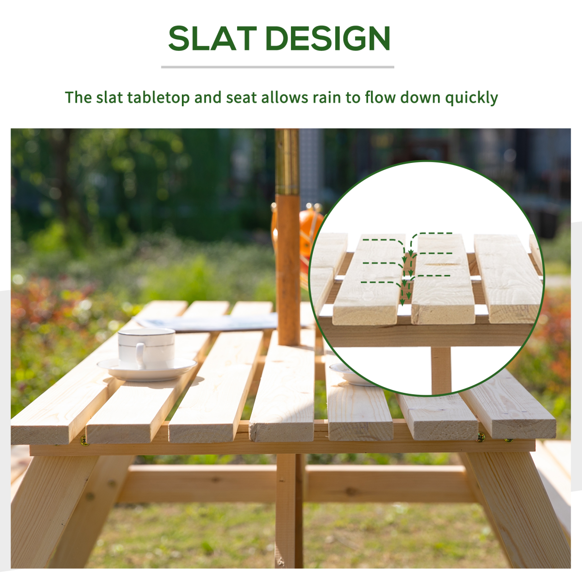 Outsunny 4-Seater Fir Wood Picnic Set with Parasol Cutout