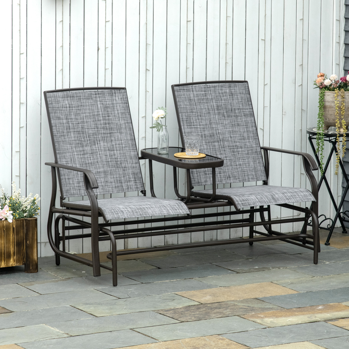Outsunny 2 Seater Metal Double Swing Rocking Chair with Middle Glass-Top Table