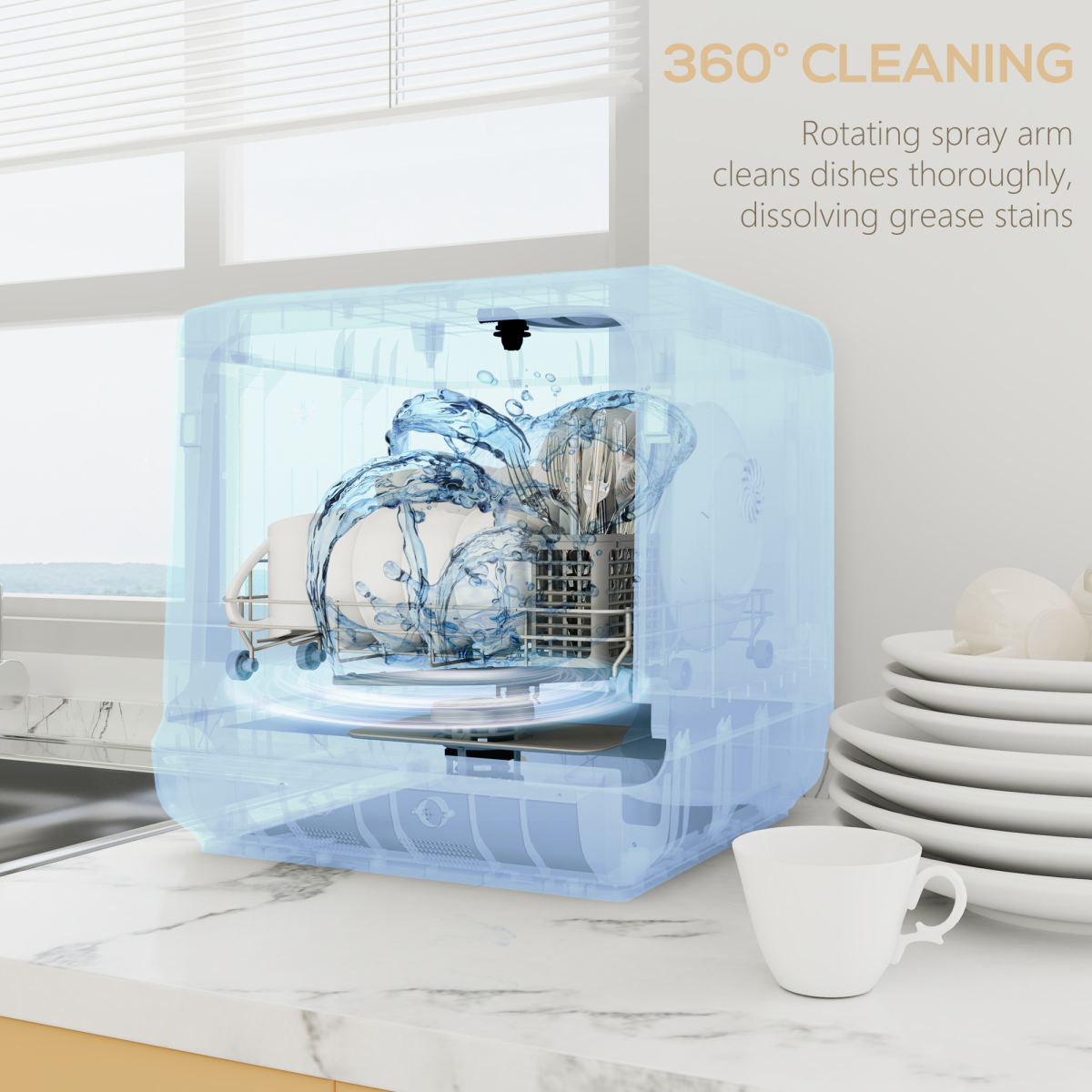 HOMCOM Countertop Dishwasher, 4 Place Settings, 6 Programs, Silver Tone