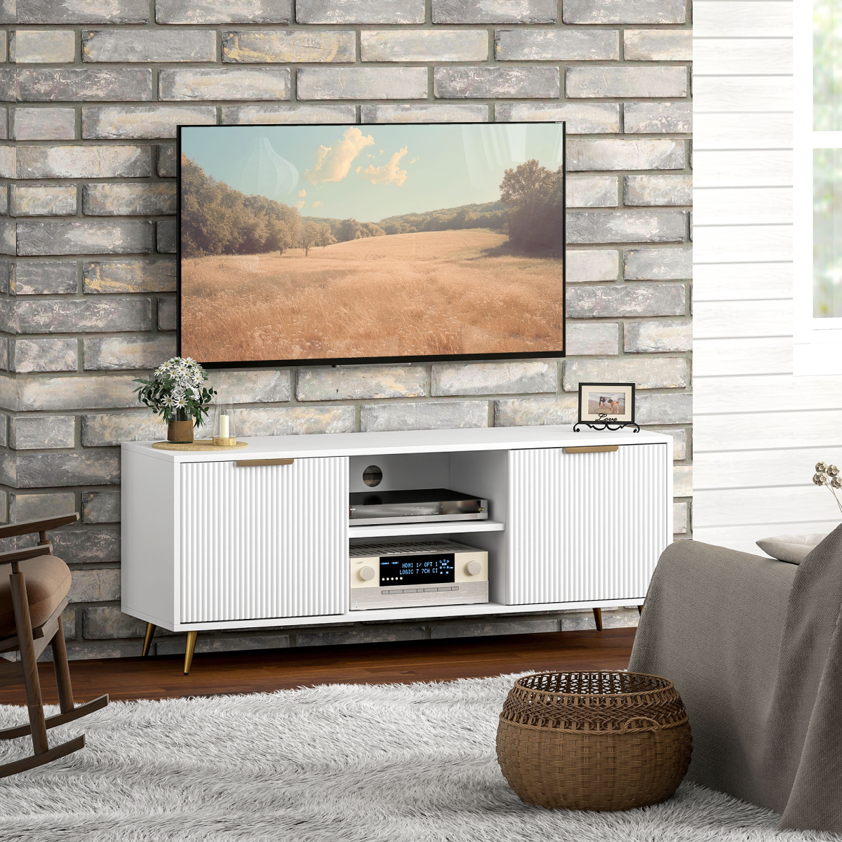 HOMCOM Modern White TV Stand Cabinet with Storage for 55-Inch TVs