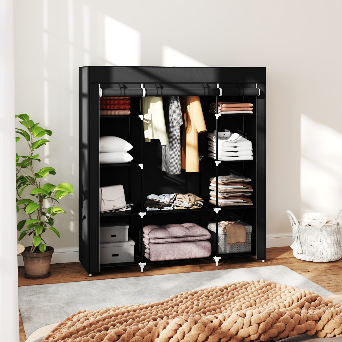Portable Fabric Wardrobe with 10 Shelves and Hanging Rail, Black