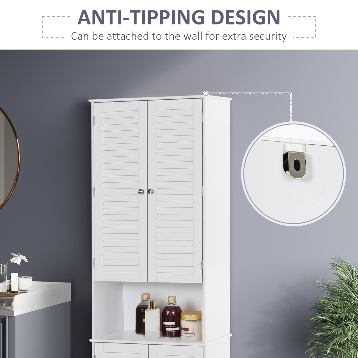HOMCOM 183x60cm Tall Freestanding Bathroom Cabinet with Retro Shutters, 3 Compartments, White
