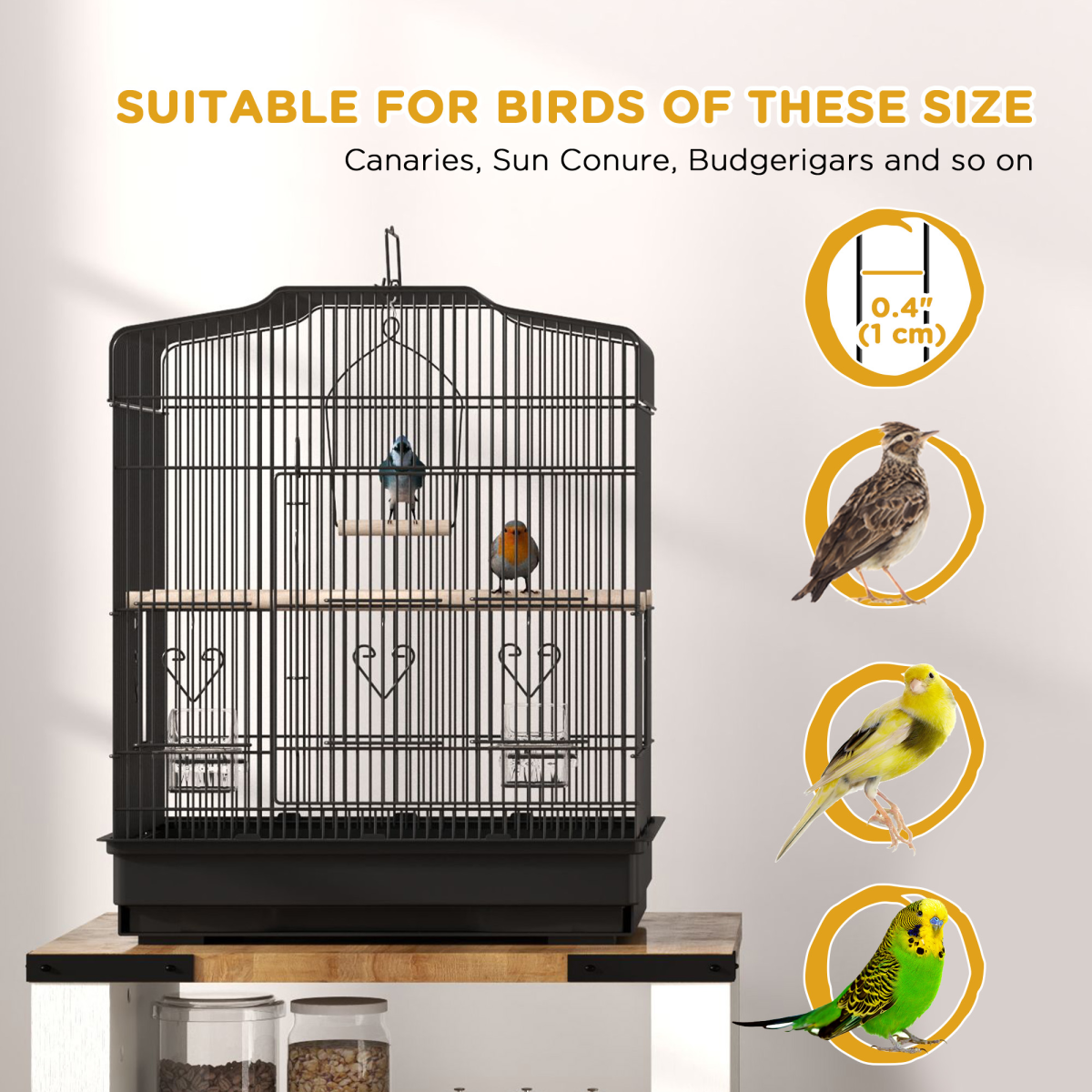 PawHut 59cm Large Black Bird Cage with Perches, Bowls, Swing