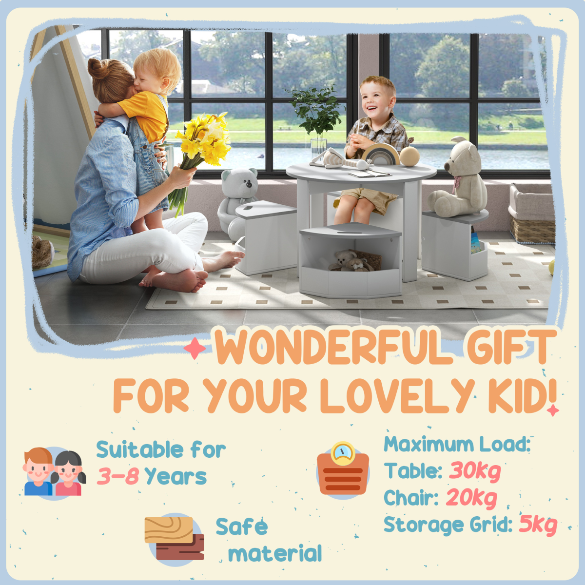 AIYAPLAY 5-Piece Kids Table and Chairs Set with Storage, Grey/White
