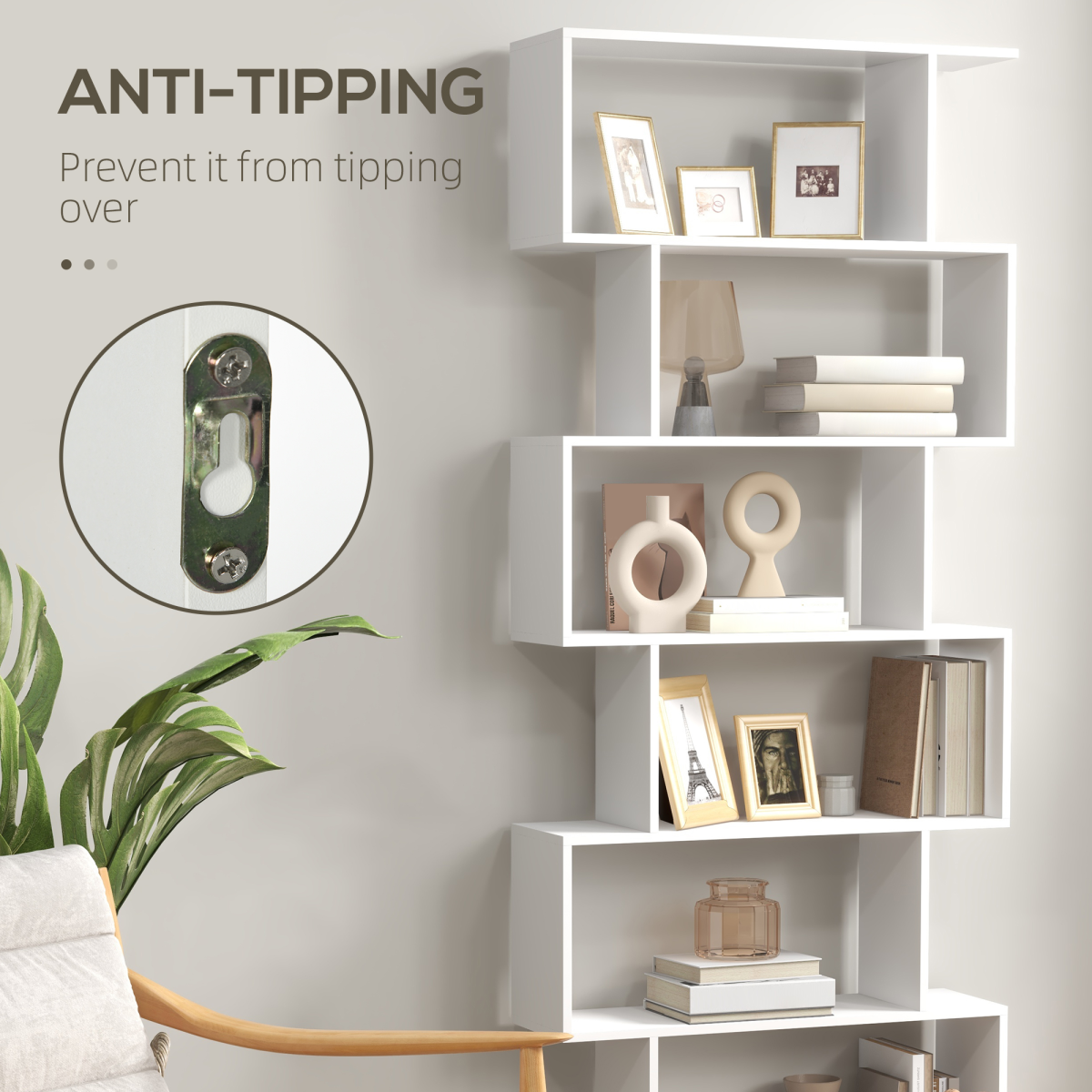 HOMCOM White 6-Tier Asymmetrical S-Shaped Particle Board Shelving Unit