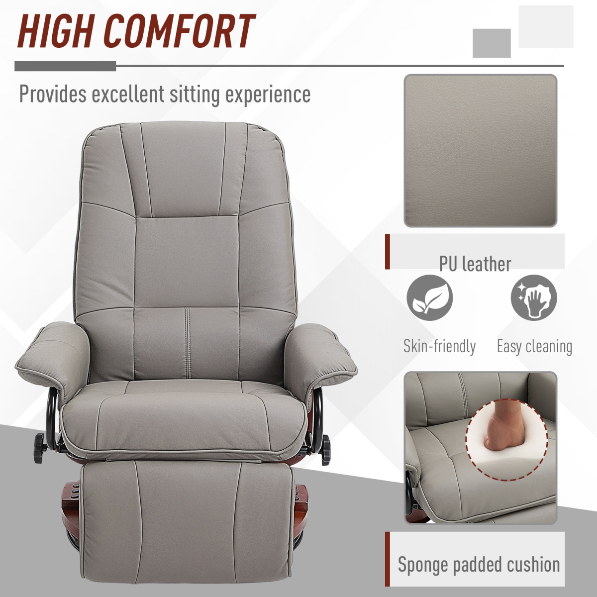 Grey PU Leather Recliner Armchair with Footrest and Wooden Base