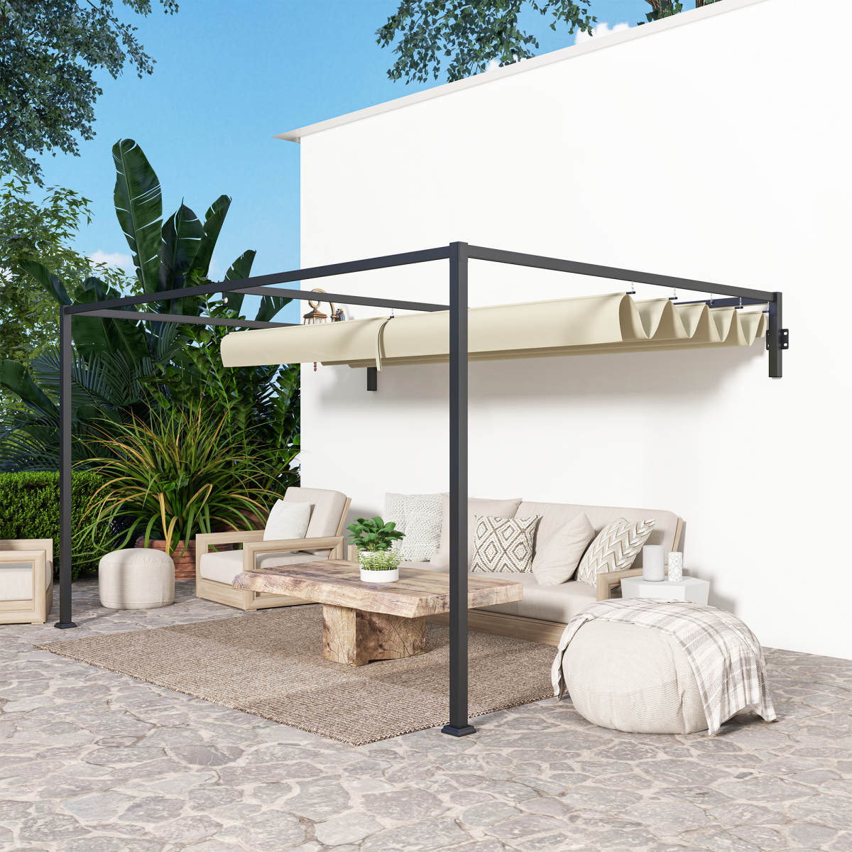 Outsunny 3 x 4m Wall-Mounted Pergola with Retractable Roof, Khaki