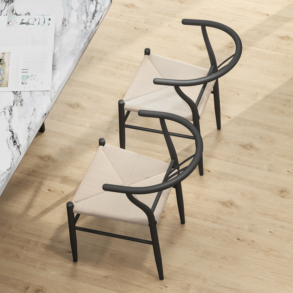 HOMCOM Set of 2 Dining Chairs, Hand-Woven Rope Seat, Black