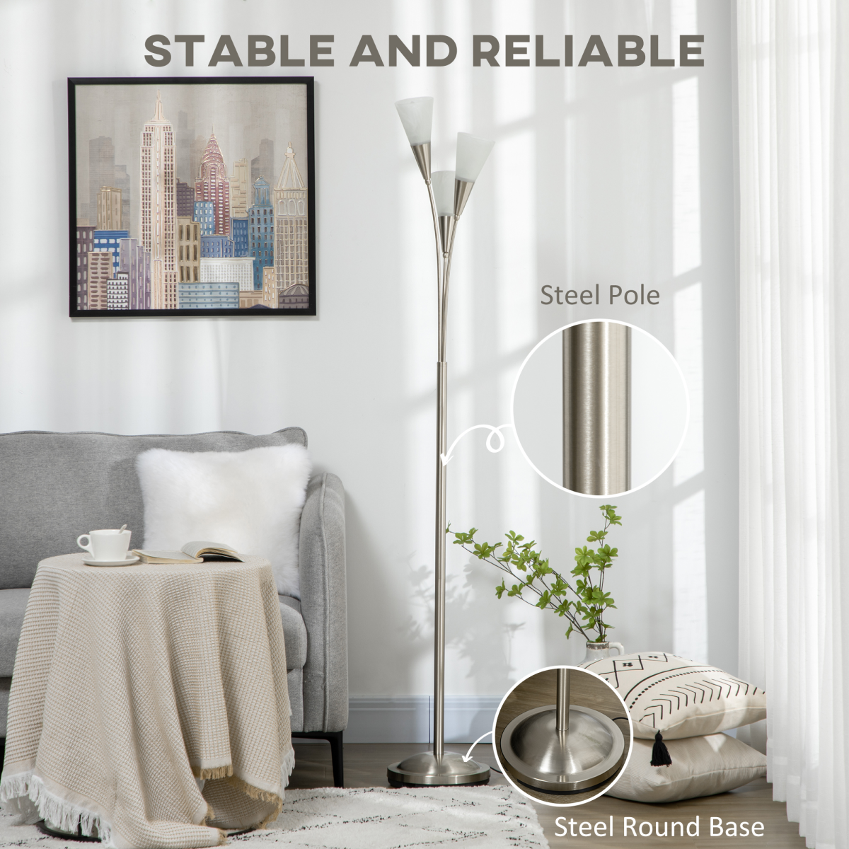 3-Light Upright Floor Lamp, Uplighter Standing Lamp for Home