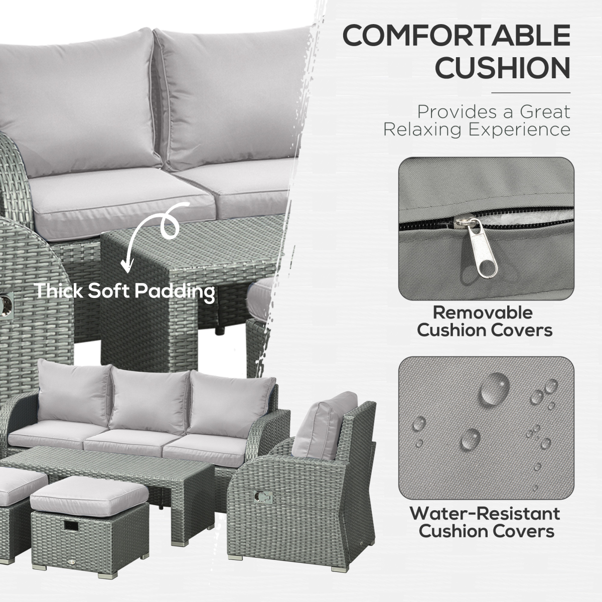 Outsunny 7-Seater Outdoor Garden Rattan Furniture Set with 2 Reclining Armchairs, 3-Seater Sofa, 2 Footstools and Table - Grey