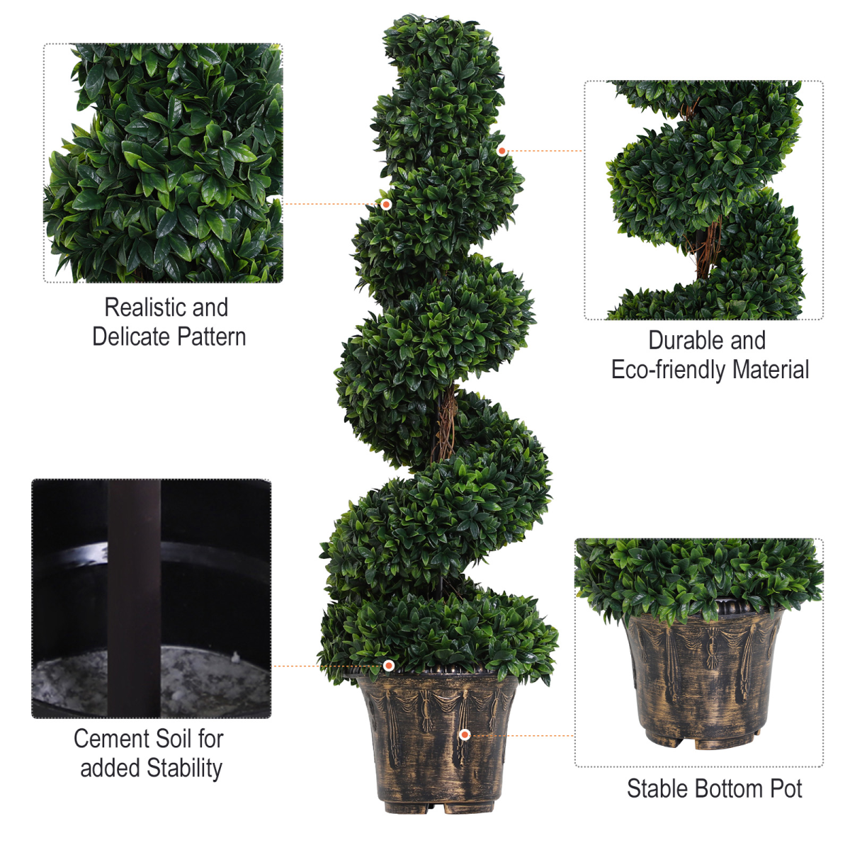Set of 2 Artificial Boxwood Spiral Topiary Trees, Green PE Plant Decor