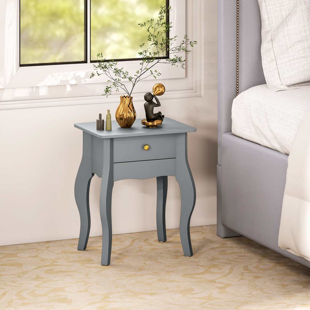 HOMCOM French Style Grey Side Table with Drawer, Curved Legs