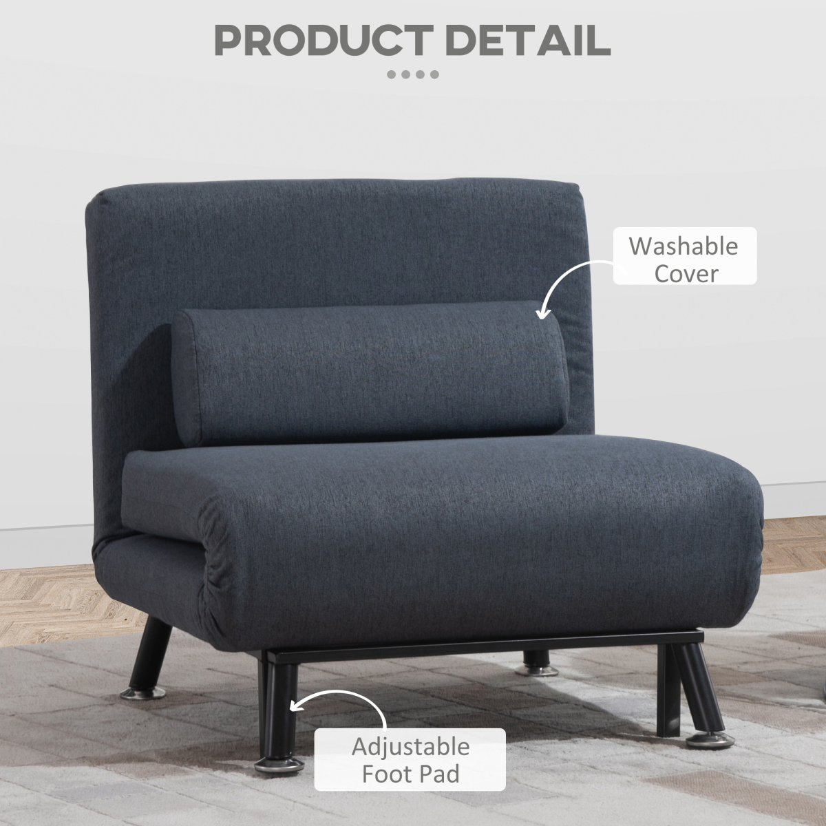 HOMCOM Black Faux Suede 5-Position Armless Futon Single Sofa Bed with Pillow