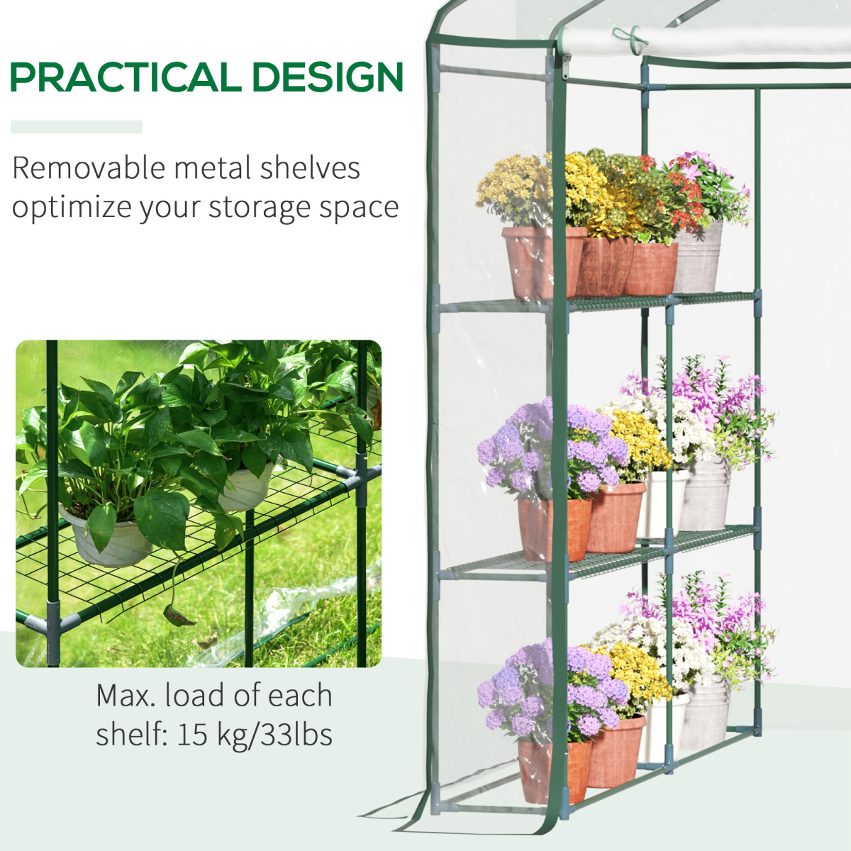 Outsunny Large Steel Frame Greenhouse with 2 Shelves, Clear PVC Cover, Zippered Door