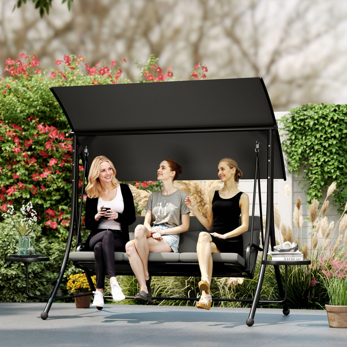 Outsunny 3-Seater Steel Garden Swing Chair with Adjustable Canopy