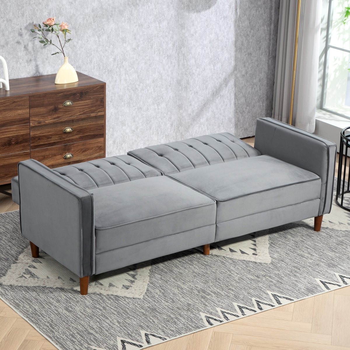 HOMCOM Dark Grey Velvet-Touch Convertible Futon Sofa Bed