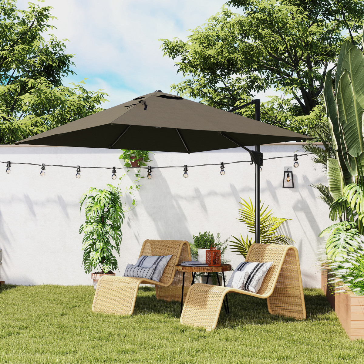 Outsunny Square Cantilever Parasol, 360° Rotating, Hand Crank, Tan