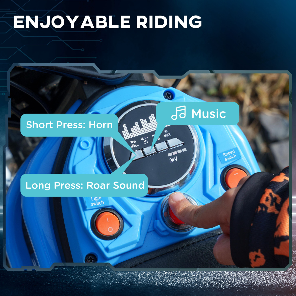 HOMCOM 24V Kids Electric Motorbike, Twist Throttle, Music & Horn, Blue