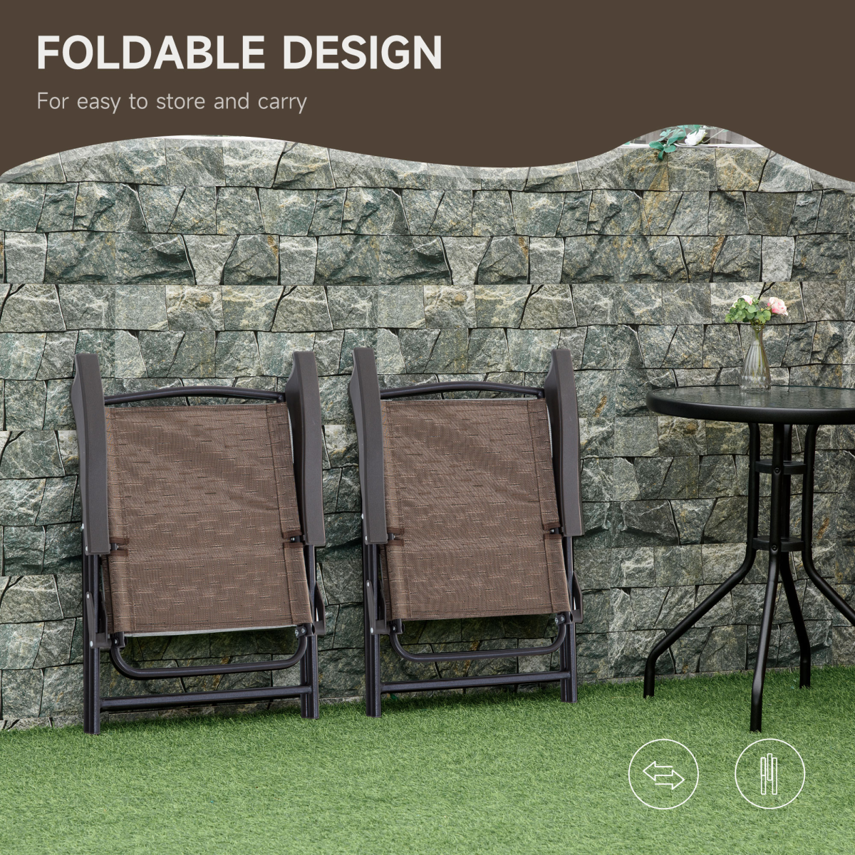 3-Piece Patio Bistro Set with Folding Chairs, Tempered Glass Table, Brown