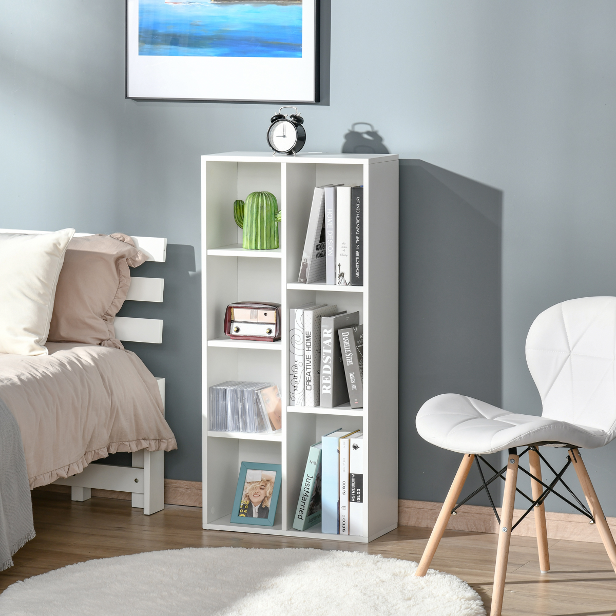 HOMCOM 7-Cube White Bookcase Shelf, Modern Storage for Home Office