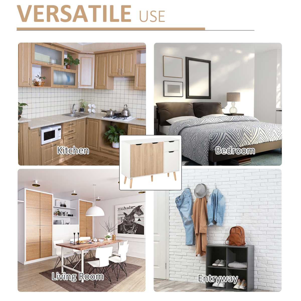 Modern Scandinavian Storage Cabinet Sideboard with Drawer, 4-Part Storage, Wood Legs, Bedroom, Living Room, Home Office