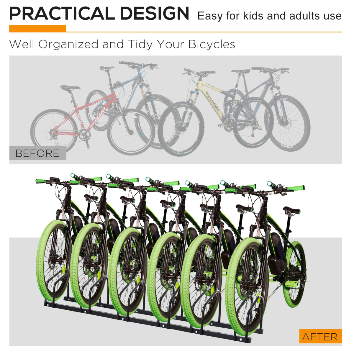 6 Bike Parking Rack Locking Storage Stand Holder Floor or Wall Mount Detachable Single Bike Stand Black Steel