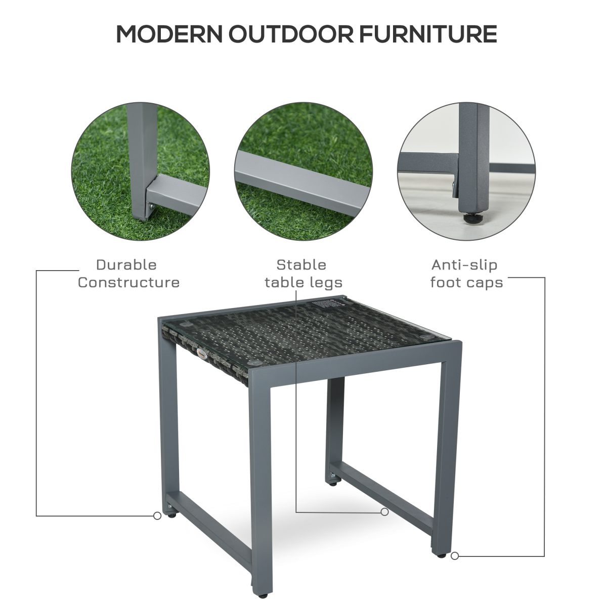 Outsunny Grey PE Rattan Patio Table with Tempered Glass Top and Aluminium Frame