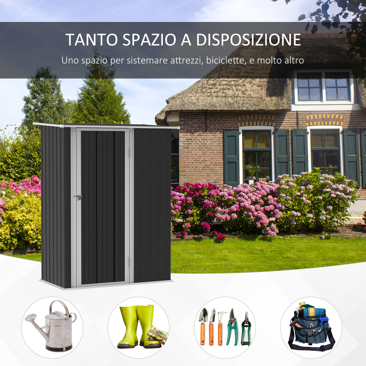 Outsunny Garden Storage Shed, Sloped Roof, Lockable Door, Grey, 142 x 84 x 189cm