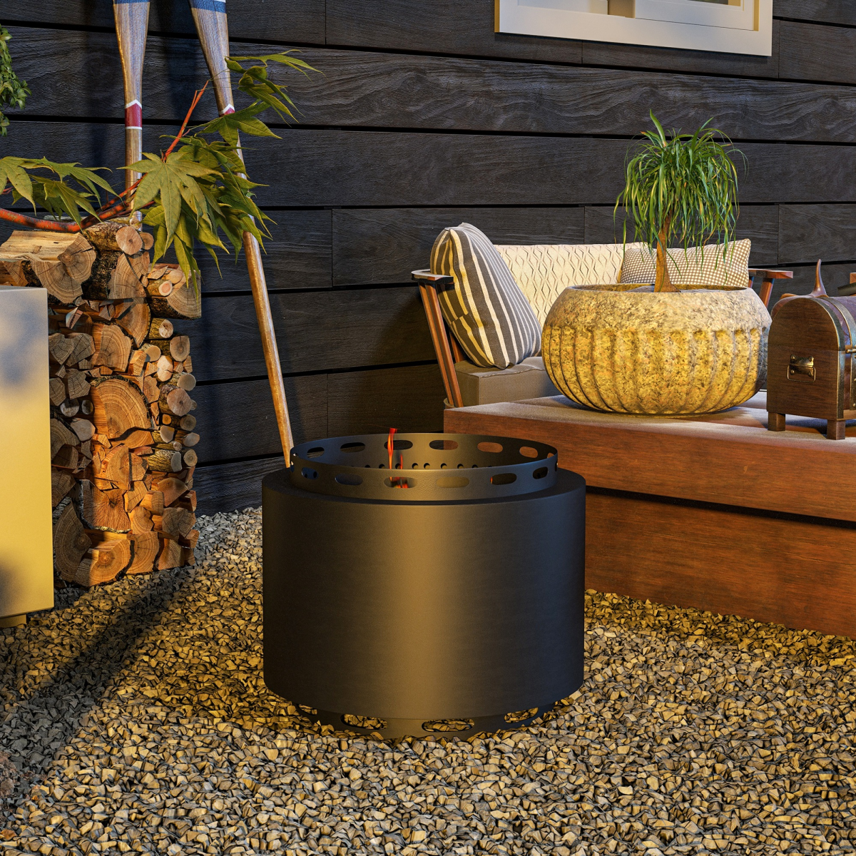 Outsunny 48.5cm Smokeless Wood Burning Fire Pit with Poker, Metal, Black