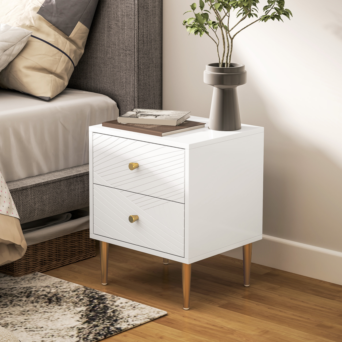 White Nightstand with Gold-Tone Handles, 2 Drawers & Metal Legs