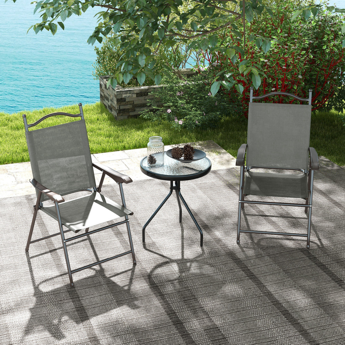 Outsunny Set of 2 Folding Chairs with Armrests, Breathable Mesh Seats, Dark Grey