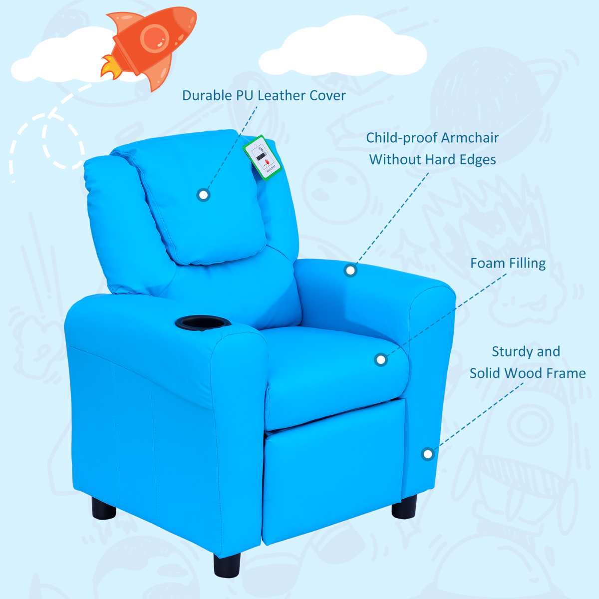 Kids Recliner Armchair with Footrest, Child Size PU Leather Sofa Chair for Girls and Boys, Ages 3-6 Years, Unbranded