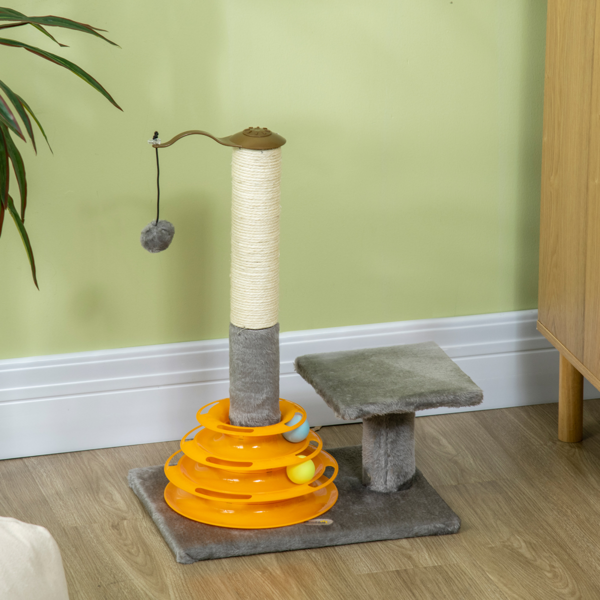 PawHut Grey Cat Tree with Scratching Post & Toys, 56cm