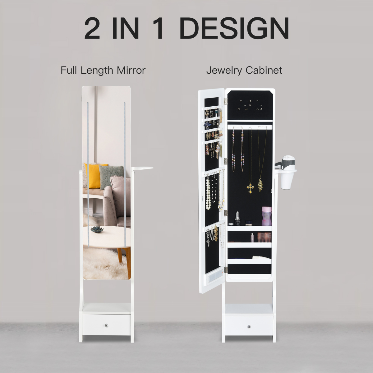 Freestanding Jewellery Armoire Mirror with LED Lights, Hooks & Drawer