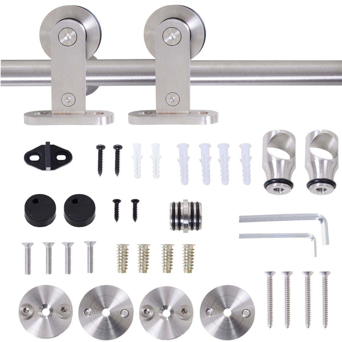 Sliding Door Track Kit for Single Wooden Door, Stainless Steel Rail, 100kg Max Load, Includes Roller, Stopper, Floor Guide and Tools