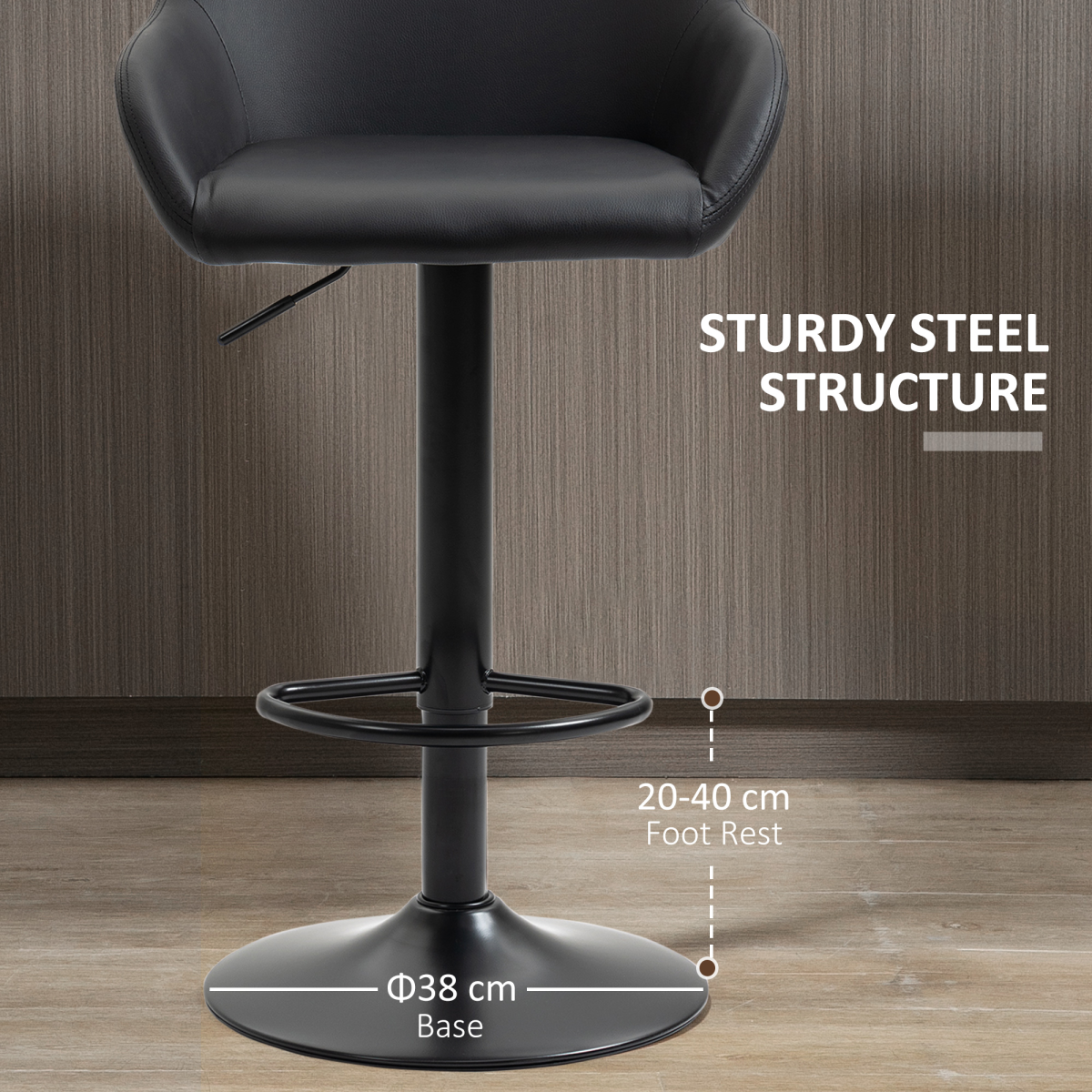 HOMCOM Set of 2 Adjustable Swivel Bar Stools with Backrest and Footrest, PU Leather, Black