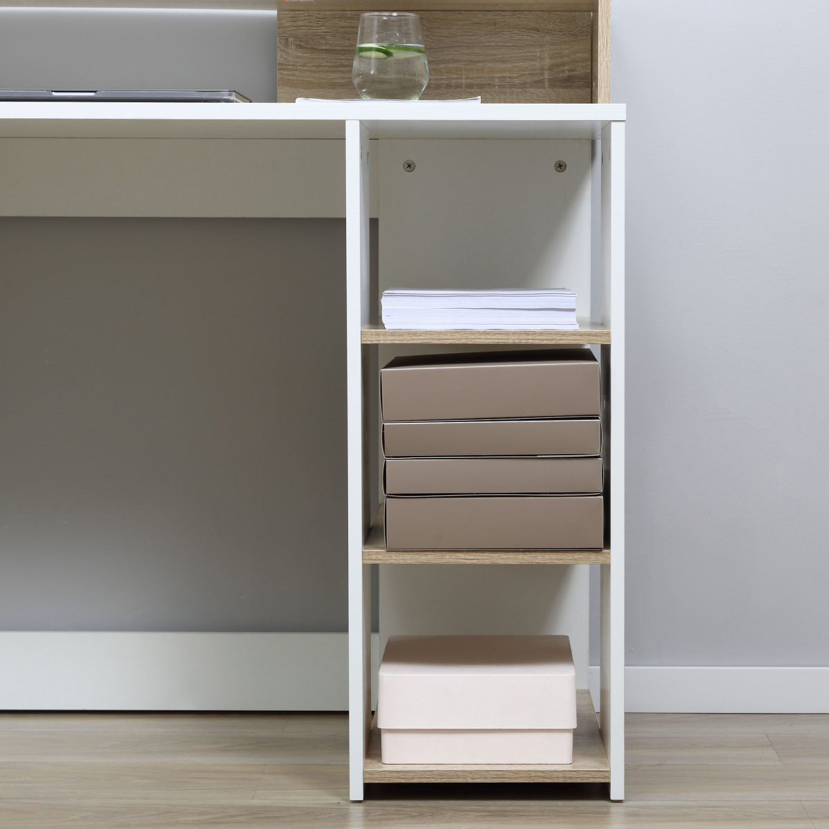 Multi-Storage Workstation Desk with Side Shelves, 2-Drawer Cabinet and Printer Space, Home Office Desk, Oak