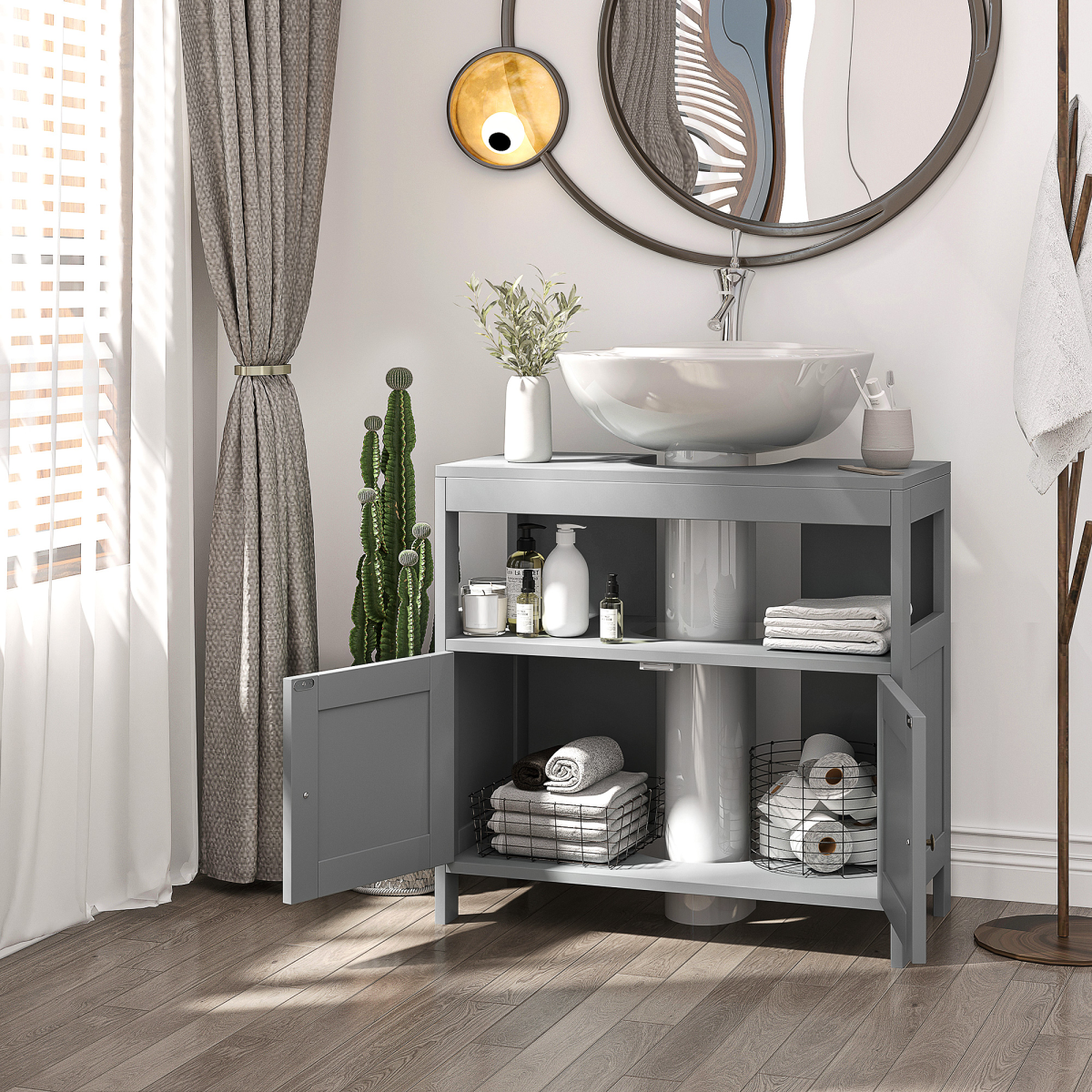 kleankin Bathroom Pedestal Under Sink Cabinet, Grey, with Open Shelf, Door and U-Shaped Cut-Out