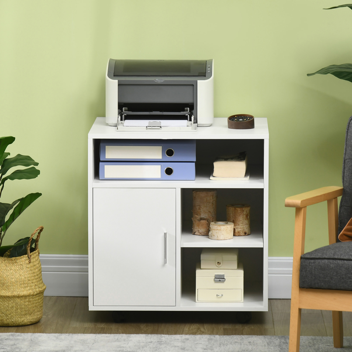 Multi-Storage Printer Unit for Office Organisation with 5 Compartments and Wheels