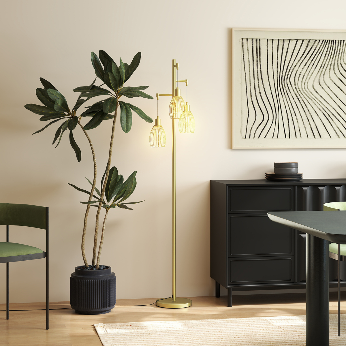 HOMCOM Industrial 3-Light Dimmable Floor Lamp, Gold